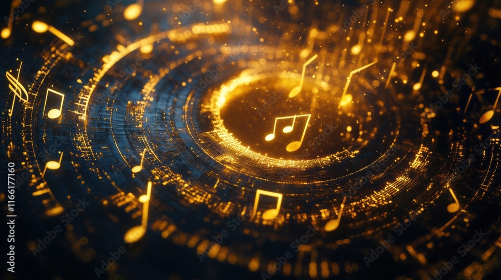 Aufkleber Captivating 3D music notes creating a dynamic visual experience in a glowing arrangement of sound waves at night. Generative AI