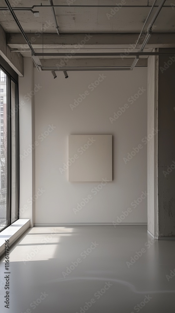 Poster art space featuring an empty canvas with a bright view through large windows in a modern gallery set