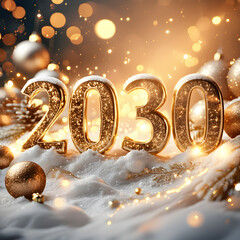 Glittering 2030 New Year Celebration with Golden Ornaments and Bright Bokeh Background