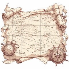 A vintage map with scrolls and navigational tools, suggesting exploration.