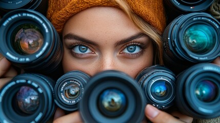Close-up of a woman's eyes framed by multiple camera lenses