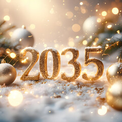 Sparkling 2035 New Year Celebration with Christmas Ornaments and Snowy Background