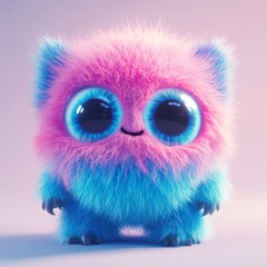 Fototapeta premium Colorful Furry Creature With Large Eyes Against a Soft Gradient Background Captures Attention in an Imaginative Setting