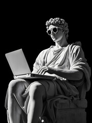 Classical statue wearing sunglasses using a laptop in a modern setting