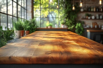 Fototapeta premium Sunlight Streaming Through Large Windows Illuminates a Rustic Wooden Table Surrounded by Greenery in an Inviting Indoor Space