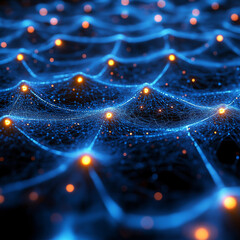 Abstract glowing blue network with orange nodes in 3D grid