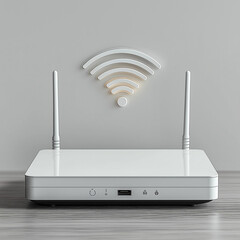 Wireless router with dual antennas and signal icon on gray background