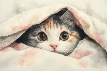Timid Cat Hiding Under Blanket in Soft Watercolor Style