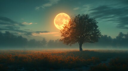 Solitary tree in foggy field under large full moon at night.
