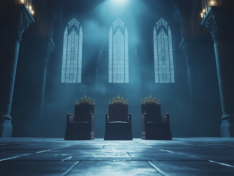 Dunkle Halle mit majest&auml;tischen Thronen und Vollmondlicht

