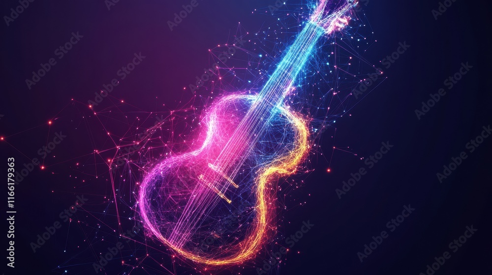 Leinwandbilder vibrant 3d rendering of a guitar illuminated by colorful light beams in a digital art style. generat