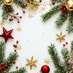 Festive Holiday Decorations Featuring Pine Branches, Ornaments, and Snowflake Accents Arranged on a White Background for a Cheerful Seasonal Atmosphere