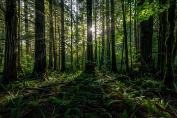 Obraz premium Silent Majesty: Morning Light in an Enchanted Forest with Towering Trees and Lush Green Canopies