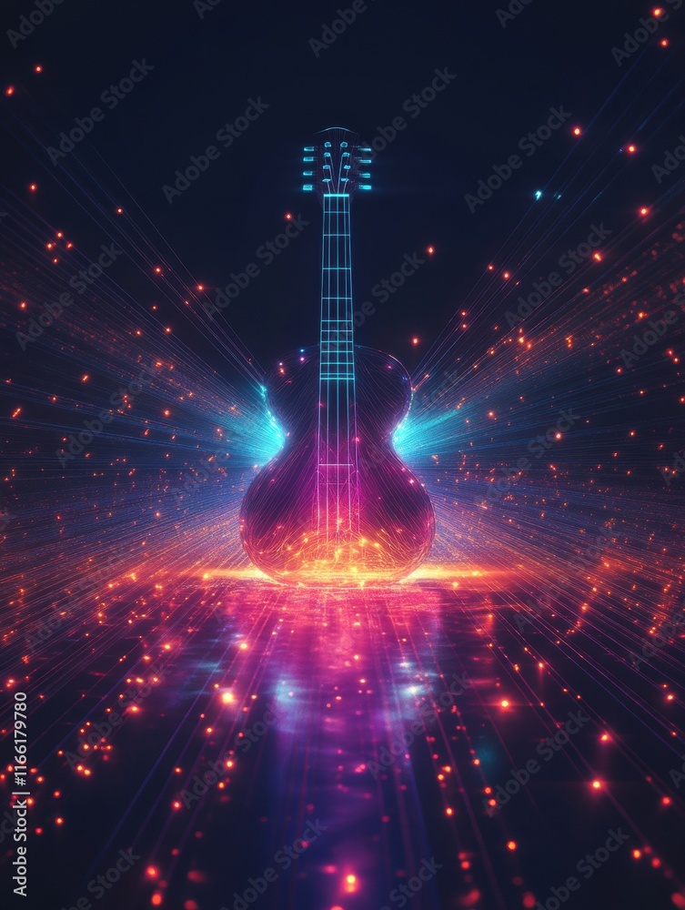 Aufkleber Vibrant 3D guitar illuminated by colorful lights and particles in a digital space environment. Generative AI