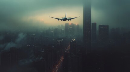 Airliner Descending over Foggy Metropolis