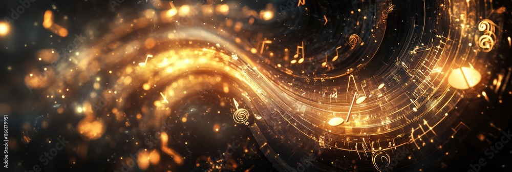 Aufkleber Dynamic flow of 3D music notes sparkling in a vibrant wave of sound and light. Generative AI