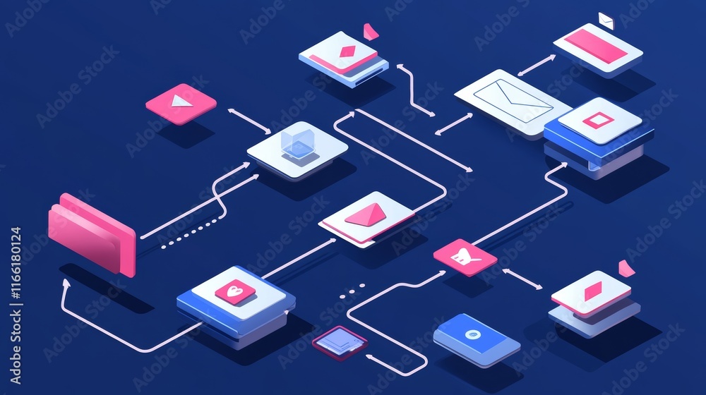 Aufkleber Digital Workflow Illustration Showcasing Application Icons and Connections Representing Data Flow and User Interaction in a Modern Design