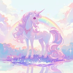 Naklejka premium A magical unicorn stands by a sparkling lake under a rainbow and clouds.