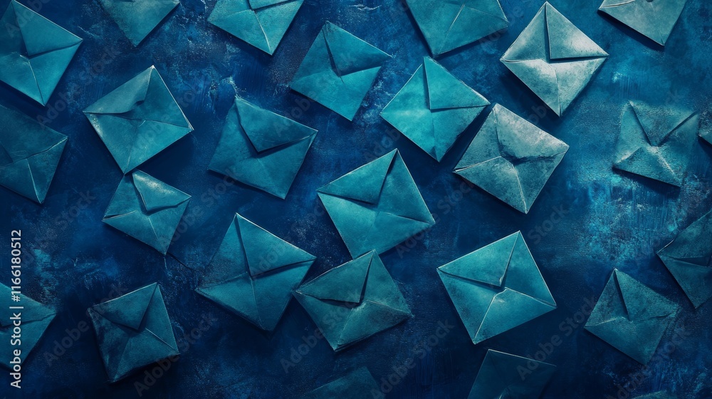 Poster colorful envelopes scattered on a textured dark blue surface with shadows creating a dynamic pattern