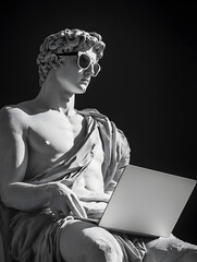 Classic statue wearing sunglasses while using a laptop in a modern context