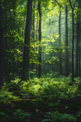 Obraz premium Silent Majesty: Morning Light in an Enchanted Forest with Towering Trees and Lush Green Canopies