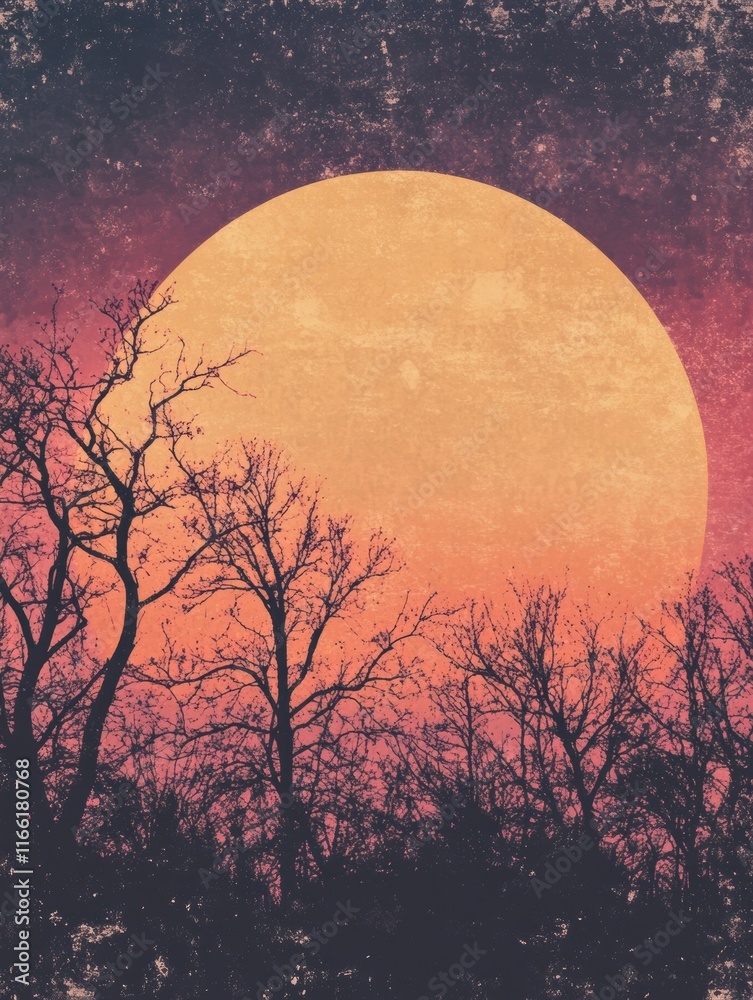 Aufkleber retro risograph inspired artwork featuring a large moon over silhouetted trees at dusk. generative a