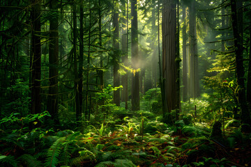 Obraz premium Silent Majesty: Morning Light in an Enchanted Forest with Towering Trees and Lush Green Canopies