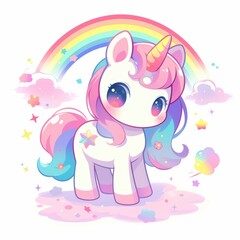 Fototapeta premium A cute, colorful unicorn with a rainbow and clouds in a whimsical style.