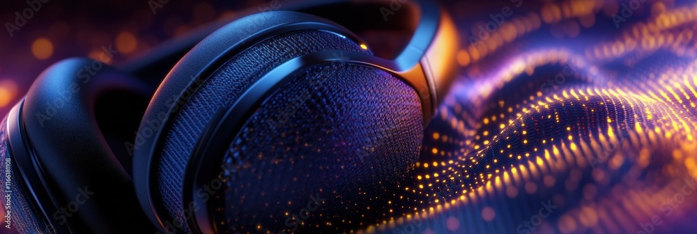 Poster Close up view of modern headphones showcasing intricate design and vibrant colors against a dynamic background. Generative AI