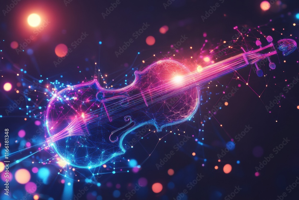 Fototapete Colorful 3D visualization of a violin with vibrant lights and abstract patterns in a dark background. Generative AI