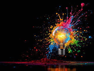 Exploding Creative Light Bulb with Vibrant Paint Splash on Black Background