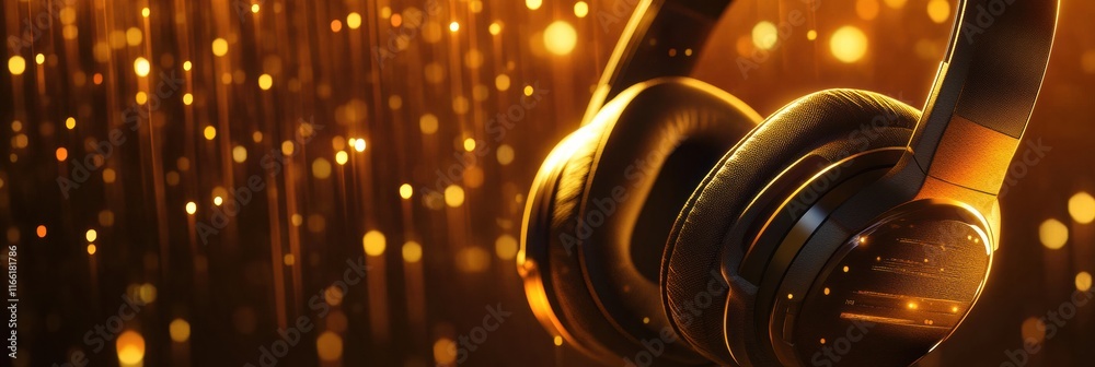 Poster Close up view of modern headphones with a warm golden background showcasing intricate design and texture. Generative AI