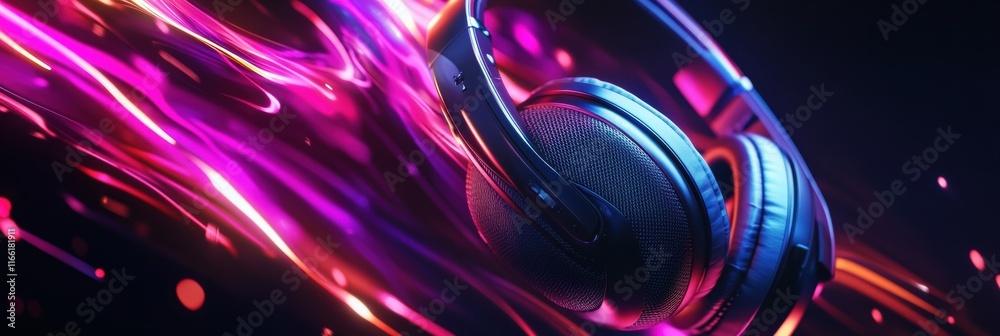 Aufkleber Close up view of dynamic headphones with colorful light effects in a dark setting. Generative AI