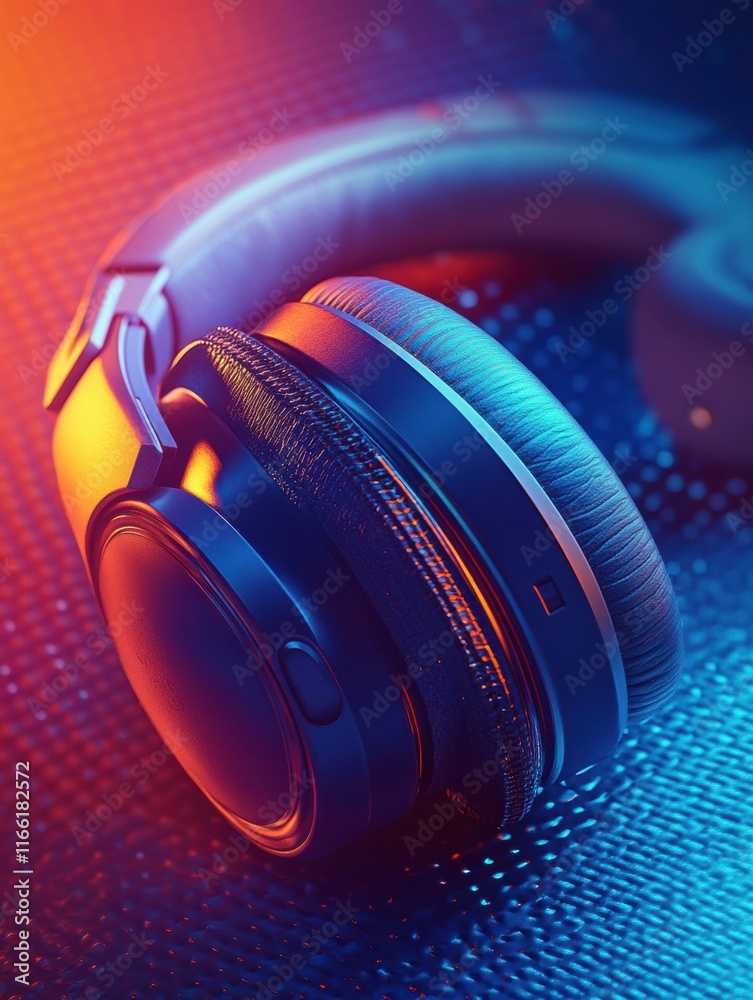 Poster close up view of colorful headphones under dynamic lighting with a modern design and texture. genera