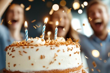 Celebrating a joyful birthday with laughter, cake, and sparkling confetti in a vibrant atmosphere surrounded by friends