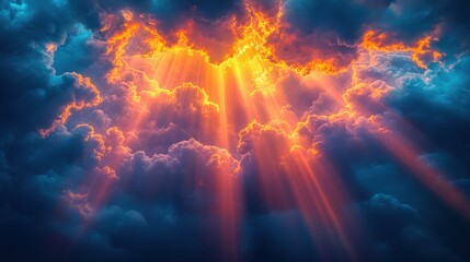 Dramatic sun rays breaking through dark clouds.