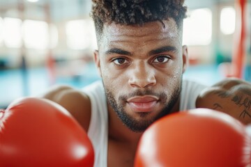 Focused boxer preparing for a match in a vibrant training gym filled with lively energy and bright colors