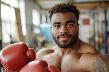 Focused athlete prepares for a boxing match in a well-lit gym, showcasing strength and determination with a confident smile