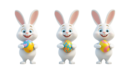 Three Cheerful Cartoon Rabbits Holding Colorful Easter Eggs for Seasonal Celebrations and Promotions