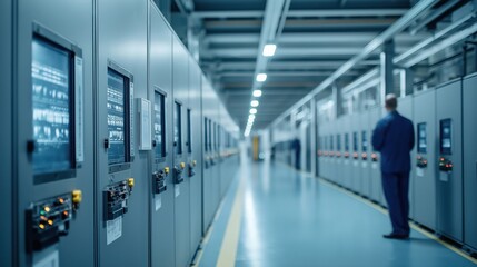 Obraz premium Modern smart grid power distribution center. Advanced control panels, industrial style. Worker inside facility. Techy modern facility. Industrial power distribution. Control room with tech equipment.