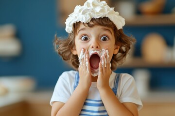 Whipped cream mishap brings surprise and laughter to a young child's adventure in the kitchen