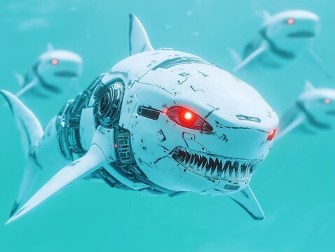 Futuristic robotic shark swims underwater in blue green water. Mechanical design with glowing red eyes. Dangerous aquatic creature in ocean. Tech innovation concept. Artificial intelligence, science