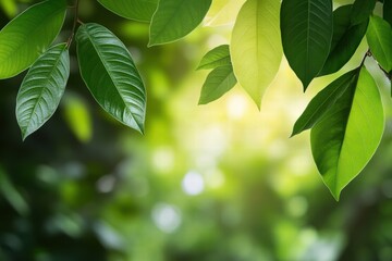 Fototapeta premium Sunlight filters through lush green leaves creating a serene and peaceful atmosphere in a vibrant natural setting