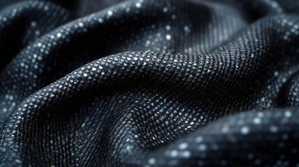Fototapeta premium Dark textured fabric with shimmering highlights showcases intricate weave patterns and luxurious appearance in close-up view