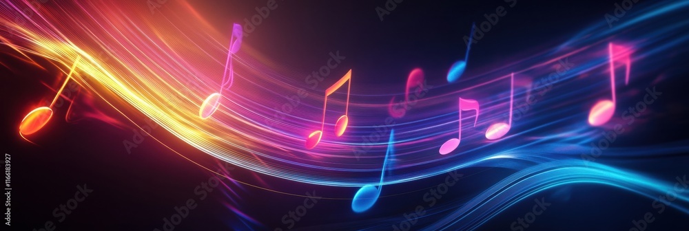 Poster swirling musical staff lines in glowing neon tones creating vibrant motion and rhythm. generative ai