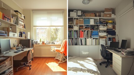Room transformation from cluttered to organized with detailed contrasts