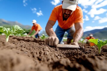 Workers cultivating fresh vegetables in a vibrant field under a bright blue sky