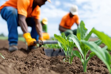 Farm workers cultivate crops under a clear blue sky, showcasing teamwork and dedication in sustainable agriculture