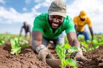 Hardworking farmers cultivate fresh greens under a bright blue sky in a vibrant field of life
