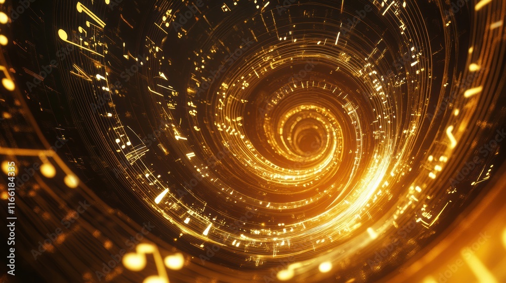 Fototapete Swirling 3D music notes creating a golden vortex in a mesmerizing visual display. Generative AI